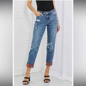 Judy Blue Gina Full Size Mid Rise Paisley Patch Cuff Boyfriend Jeans